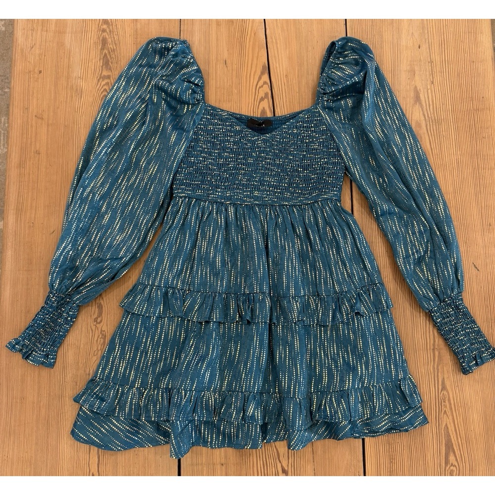 Vici Smocked Long Sleeve Dress Ruffle Hem Blue Gold Small Lined Coquette